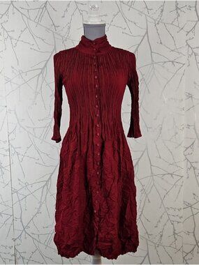 Alquema Ruby Red Crinkle Stretch Nehru Coat Dress